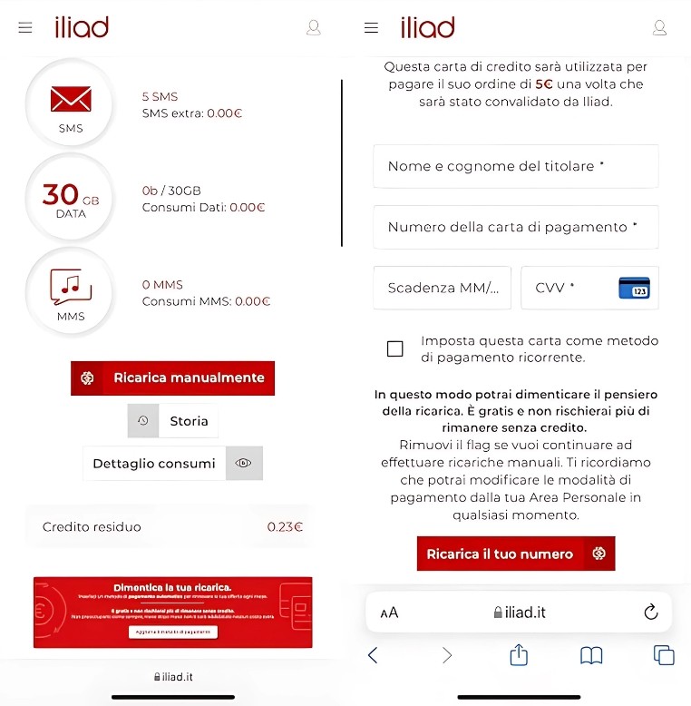 Ricaricare Iliad online con una carta di credito o di debito