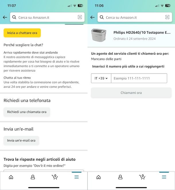 Richiedere una chiamata da Amazon inserendo numero telefono