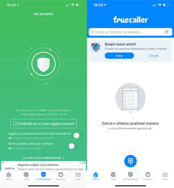 Funzione ricerca numeri su app Truecaller con risultati dettagliati