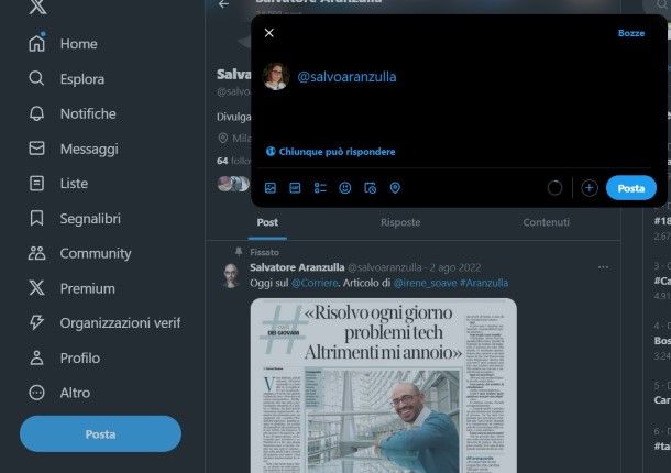 Creazione post su X con testo immagini e video