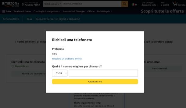 Procedura per farsi chiamare da Amazon servizio clienti