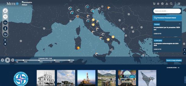 Mappa meteorologica dell'Aeronautica Militare con dati sinottici