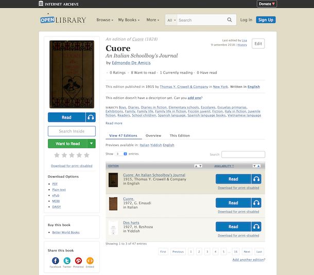 Open Library catalogo universale libri gratuiti Internet Archive