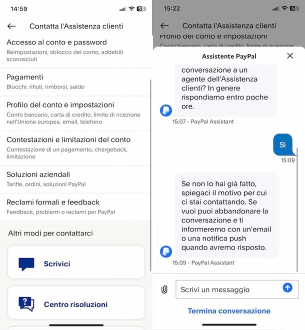 App mobile PayPal assistenza chat e supporto