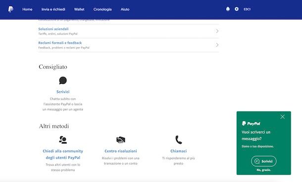 Segnalazione problemi PayPal modulo assistenza clienti