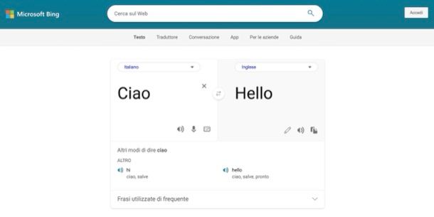 Microsoft Bing Traduttore schermata traduzione italiano inglese