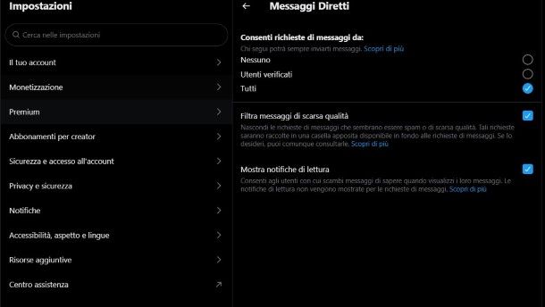 Interfaccia messaggi diretti privati su X