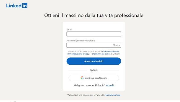 LinkedIn schermata principale registrazione profilo professionale
