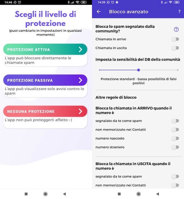 Interfaccia app blocco chiamate spam con statistiche utilizzo