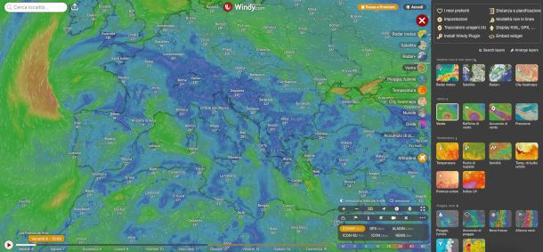 Interfaccia di Windy con mappe interattive e overlay meteorologici