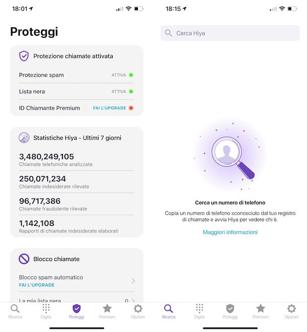 Schermata app identificazione chiamate con numeri segnalati come spam