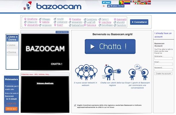 interfaccia utente Chatrandom con filtri geografici