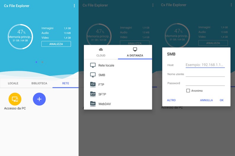interfaccia app CX File Explorer connessione SMB