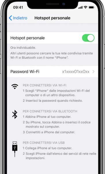 Procedura per attivare tethering Wi-Fi su iPhone