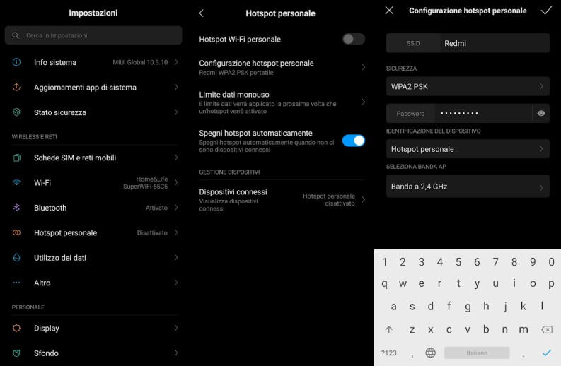 Schermata impostazioni hotspot Wi-Fi su smartphone Android