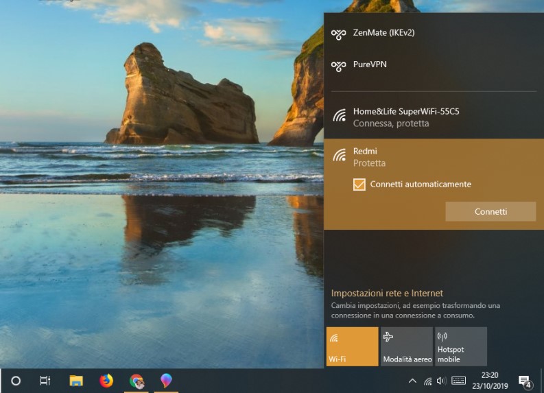 Schermata di connessione a rete hotspot Wi-Fi su laptop