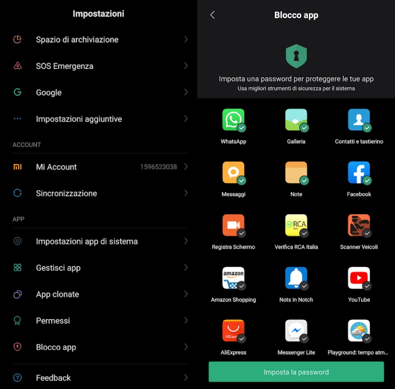 blocco app su interfaccia MIUI di Xiaomi con protezione password