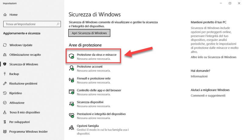 impostazioni sicurezza windows defender antivirus