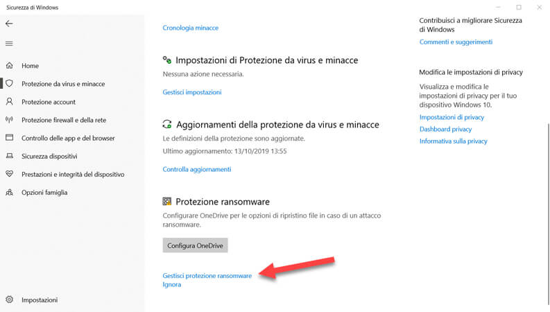 protezione ransomware windows impostazioni sicurezza