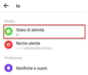 schermata profilo e stato attività app Messenger