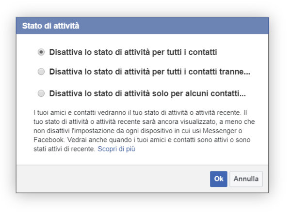 finestra impostazioni disattiva stato attività Facebook