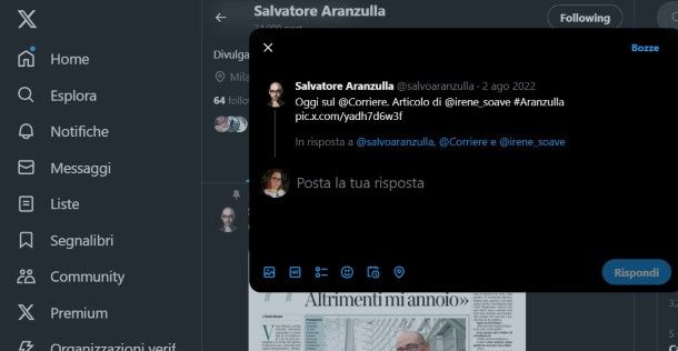 Sistema risposte e menzioni utenti su X