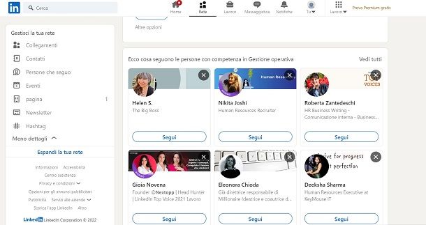 LinkedIn gestione rete contatti professionali collegamenti